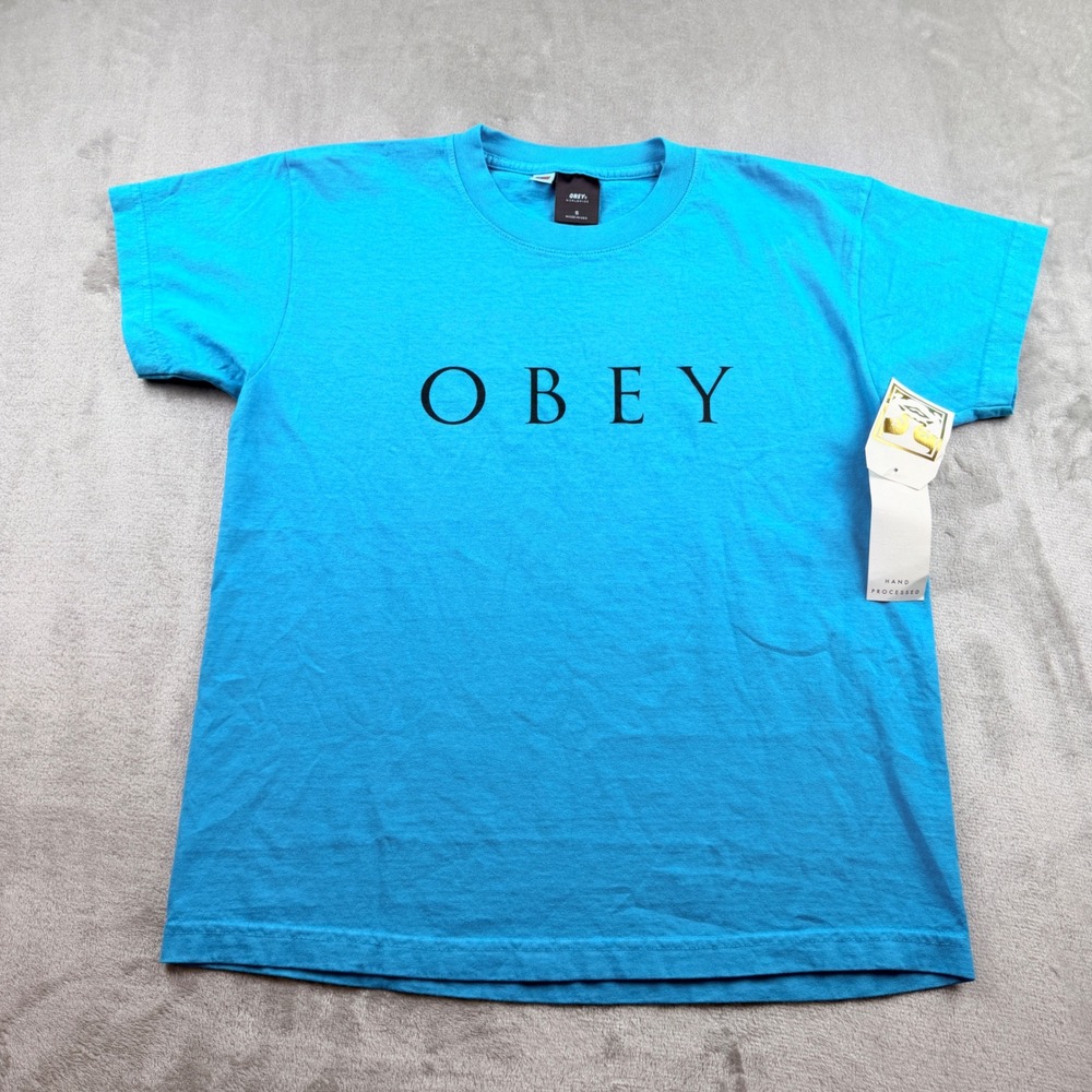 Obey Worldwide Mens Small Blue Short Sleeve Graphic Logo T-Shirt NWT Made in USA